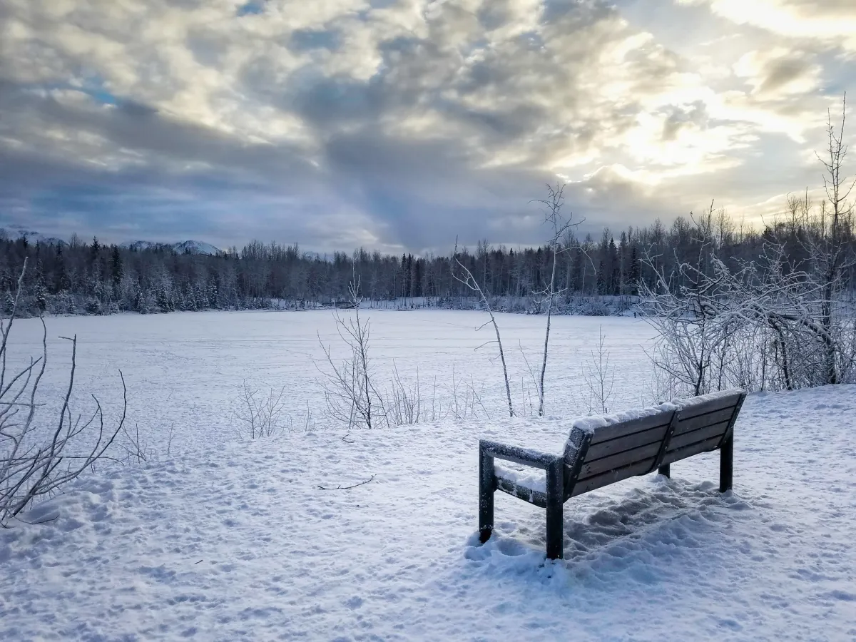 snow covered University Lake in Anchorage, Alaska