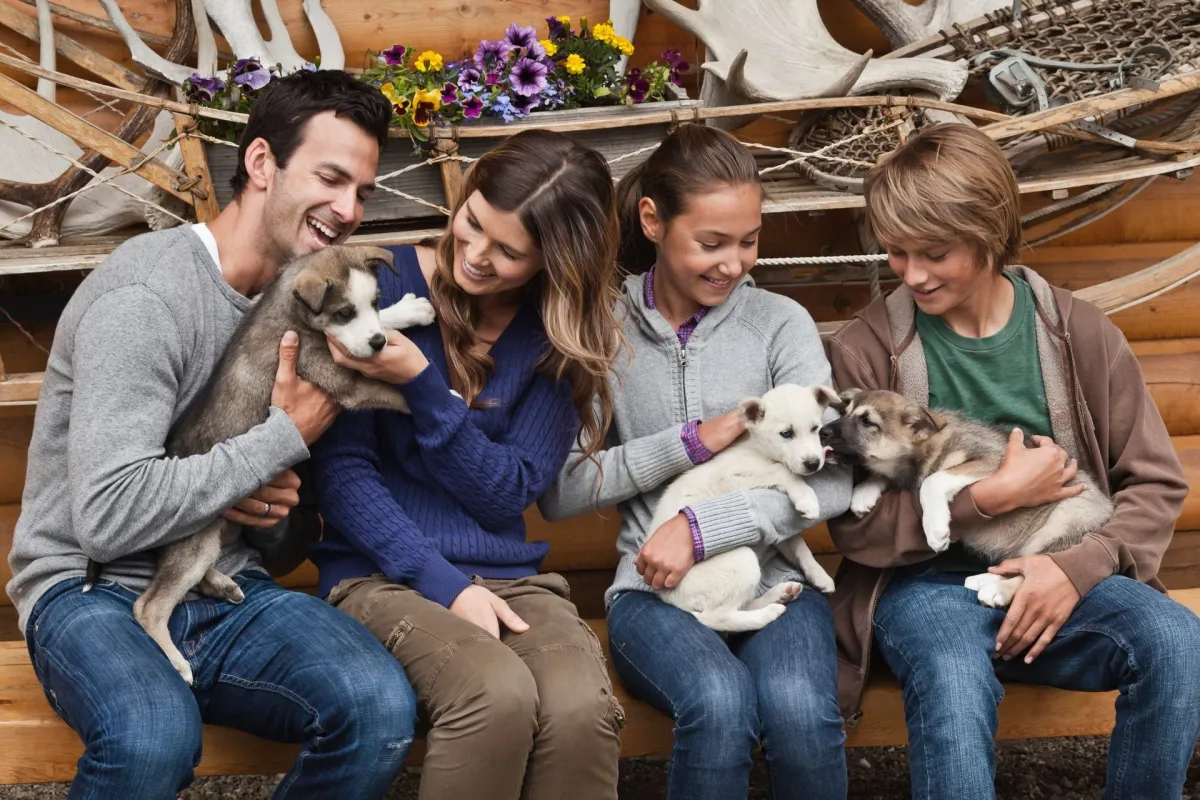 Family with Alaska sled dogs