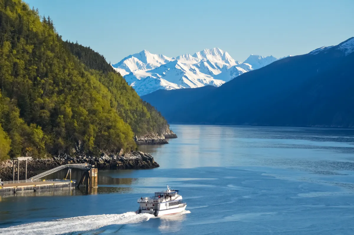 Landscape in Alaska with mountains and boat