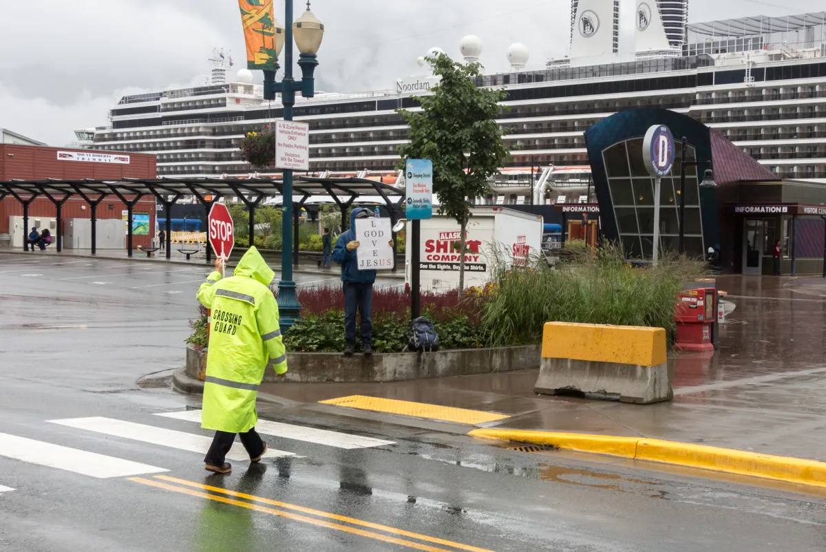 Crossing guard working in the cruise terminal, Juneau